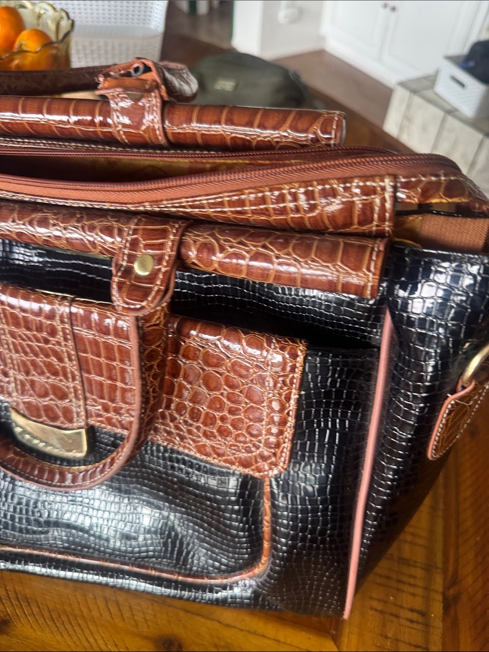 Samantha Brown Croc-Embossed Black Weekender Bag with Brown Trim - Picture 11 of 12